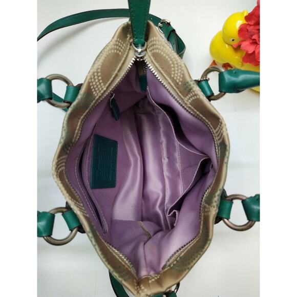 Coach Signature Brown Canvas Teal Leather Trim Zipper Satchel Crossbody Bag - Picture 9 of 14